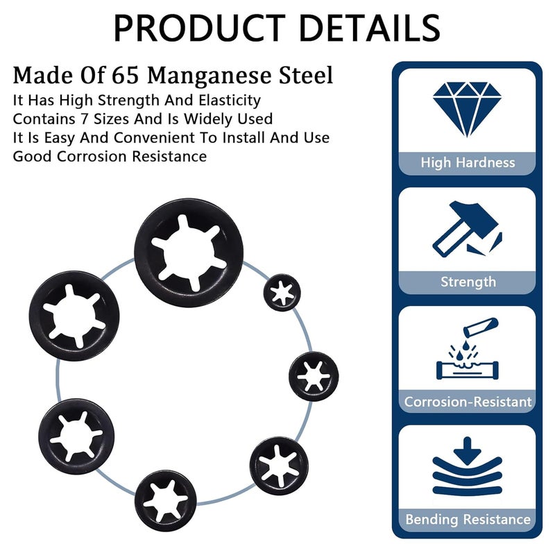 Renashed 340Pcs Internal Tooth Star Lock Washers, M3-M12 Quick Speed Locking Washers Assortment Kit 65Mn Steel Black Oxide Finish Push on Locking Washer, 7 Size - Image 3